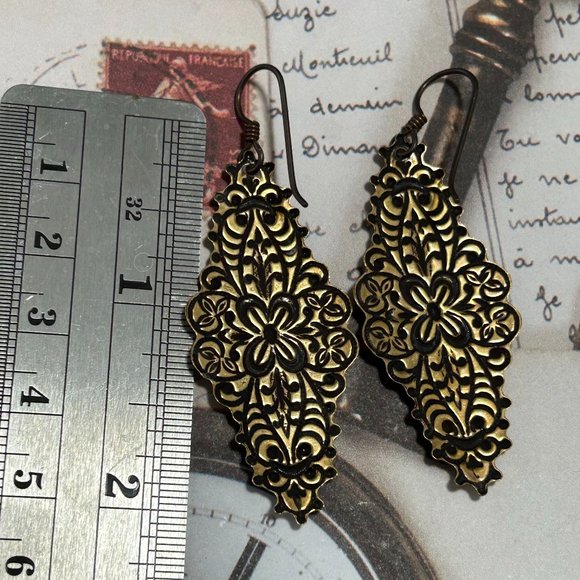 Gothic Renaissance Festival Steampunk Brass French Stamped Long Fancy Earrings - Picture 4 of 4